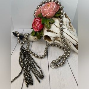 Pyrite removable tassel with rhinestones on faux Navajo Pearl 32” long necklace.